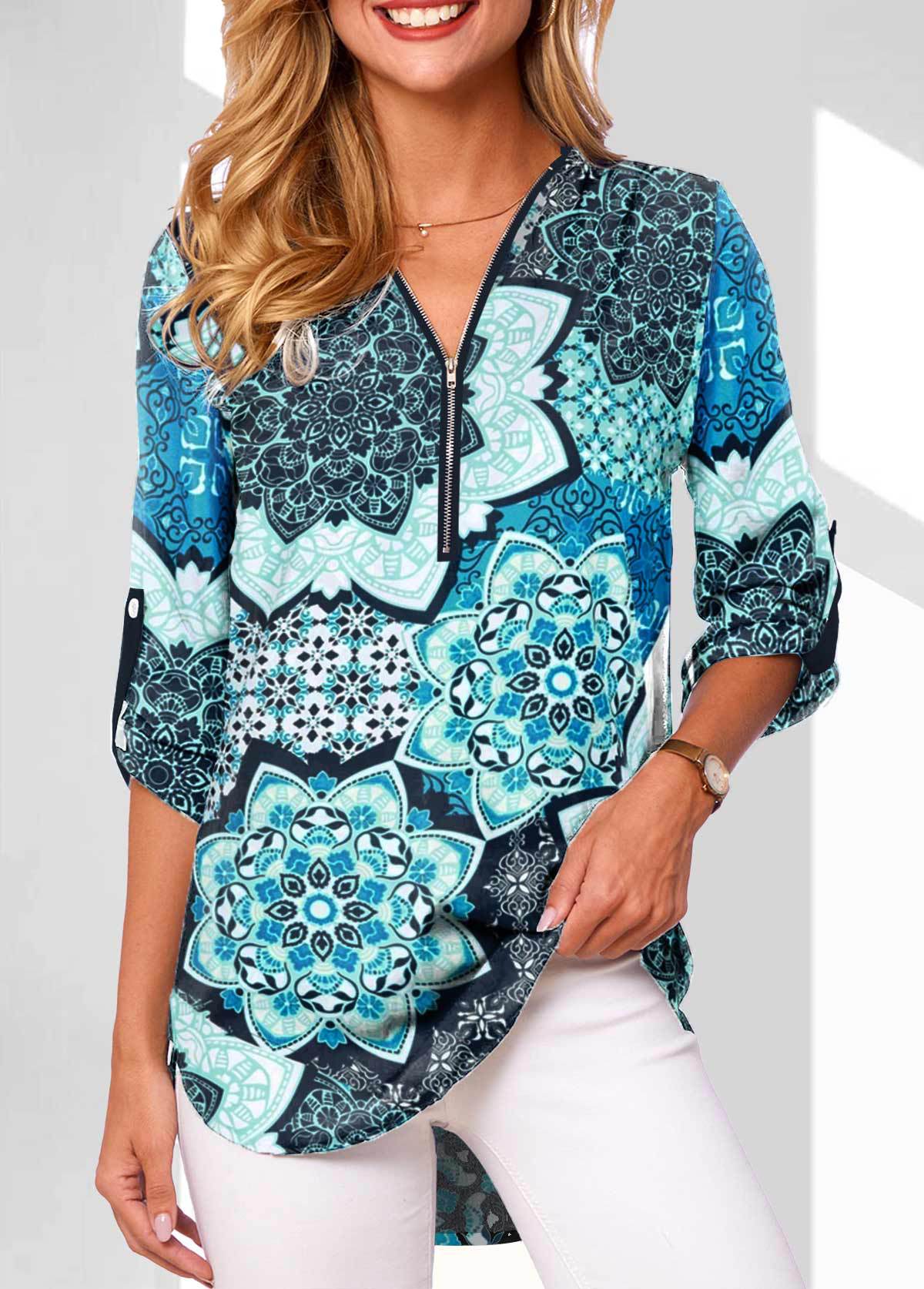 bestseller: European American Style V-neck Zippered Plus-size Women's Long-sleeve Shirt With Rollable_ecoleips.com