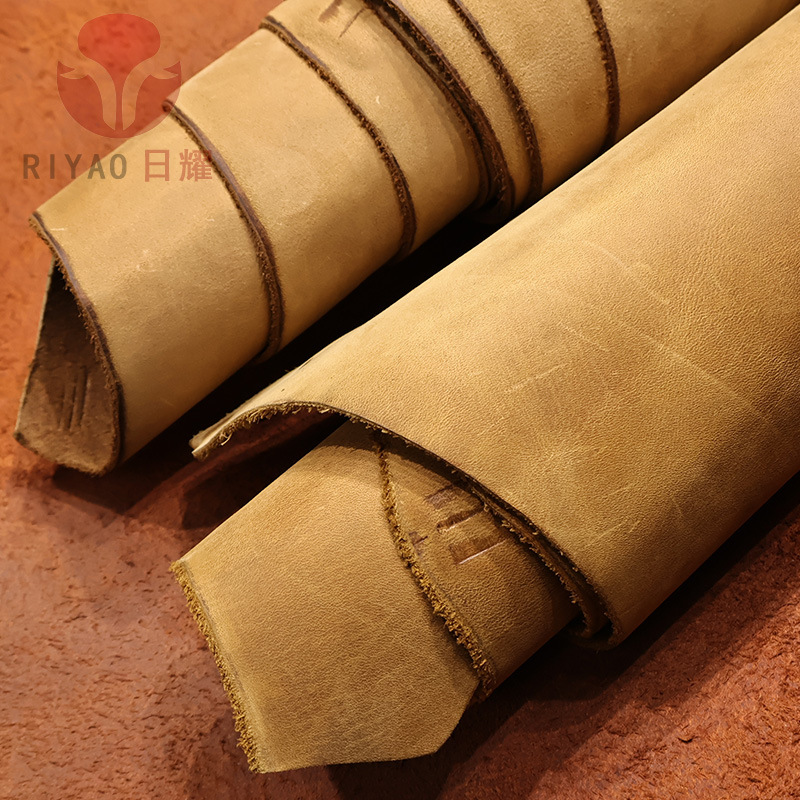 厂家现货批发油蜡变色牛皮油浸头层牛皮卡其色水牛皮复古风疯马皮