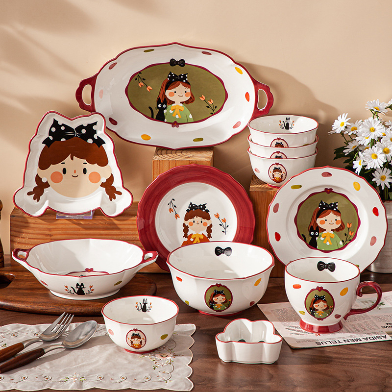 Cartoon Cute Modern Housewife Retro Girl Ins Style Ceramic Tableware Set Rice Bowl Dish Plate Flavor Plate Wholesale