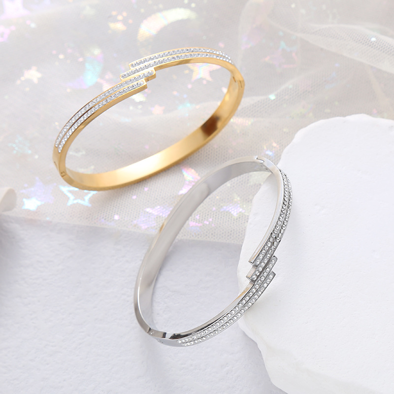 Stainless Steel Material Basic Classic Style Commute Geometric Stainless Steel Asymmetrical Inlay Zircon Bangle