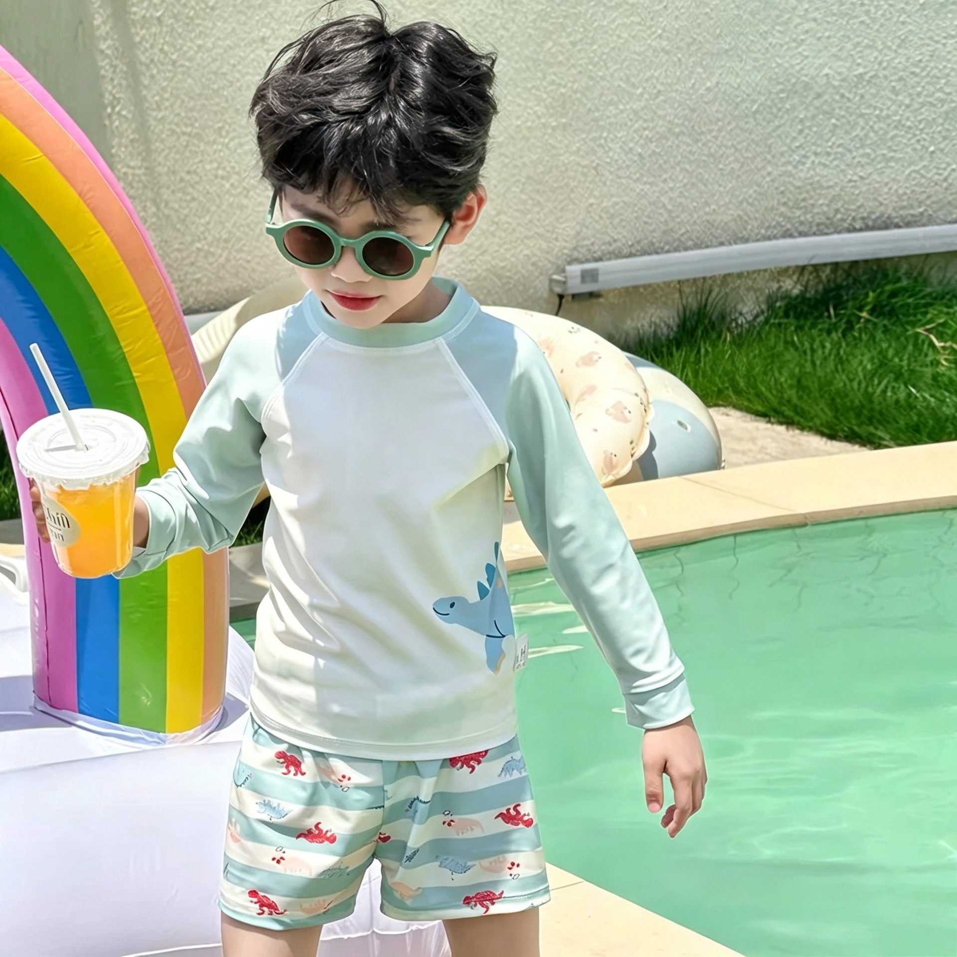 Cross-border boys' swimsuit, new style, split design, suitable for toddlers and young children, with sun protection and quick-drying features, long-sleeved beachwear for swimming and surfing
