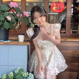 【原版T花 】法式甜美小飞袖碎花连衣裙女蝴蝶结收腰蓬蓬公主短裙