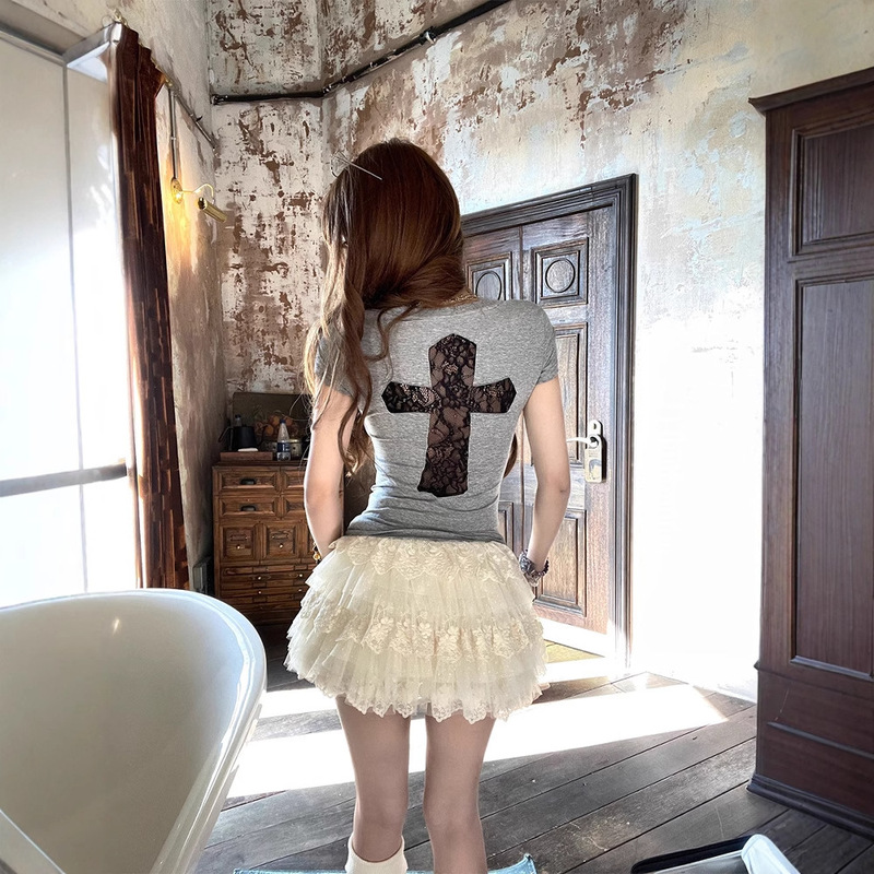 Hong Kong Style Sexy Cross Lace Cut Out Short-Sleeved T-Shirt Women's Summer American Short Slim Slimming Look Gray Top