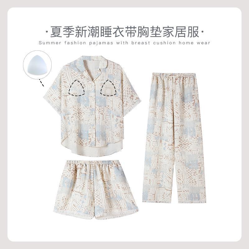 Li Yinxia's Bubble Cotton Women's Lapel Tassel Pajamas Summer Short-Sleeved Pants Can Be Worn as Home Clothes Three-Piece Set