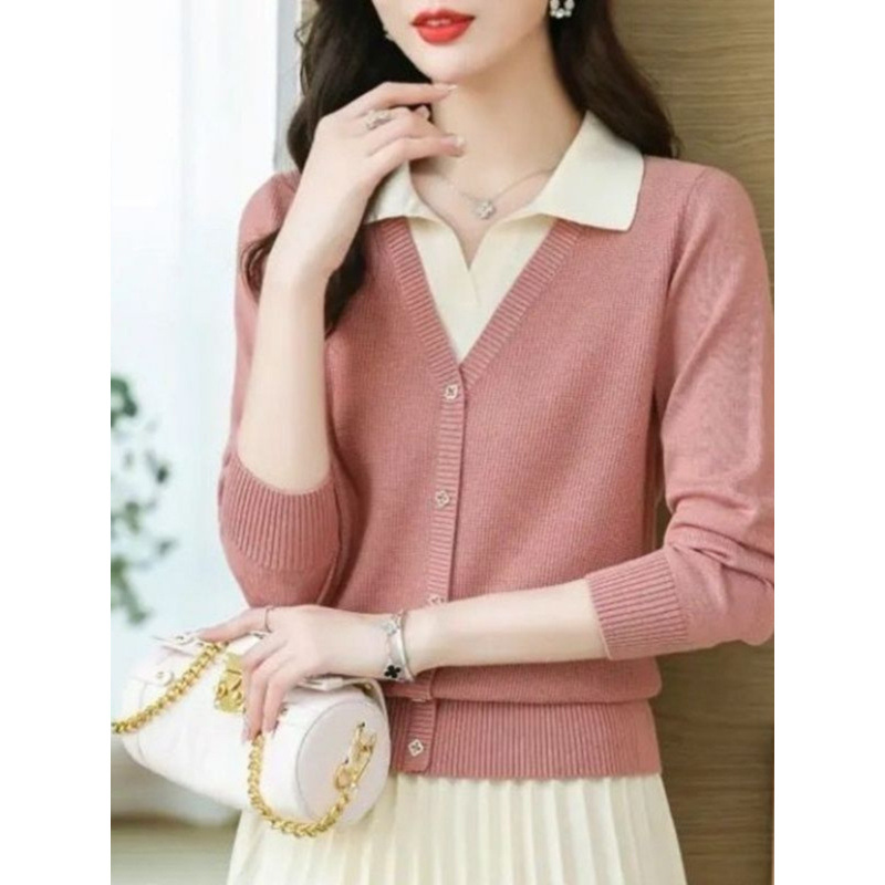 Falsas dos piezas de polo de cuello jersey suéter de mujer otoño y invierno nuevo color de alto grado caliente coreano corto top