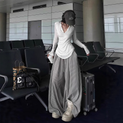 美式复古条纹阔腿休闲裤女秋季新款街头辣妹慵懒松弛宽松拖地长裤