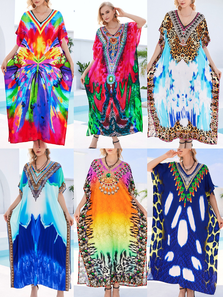 Camiseta de playa de algodón impresa de posicionamiento suelta vestido de vacaciones camisa protector solar bikini camisa AT603