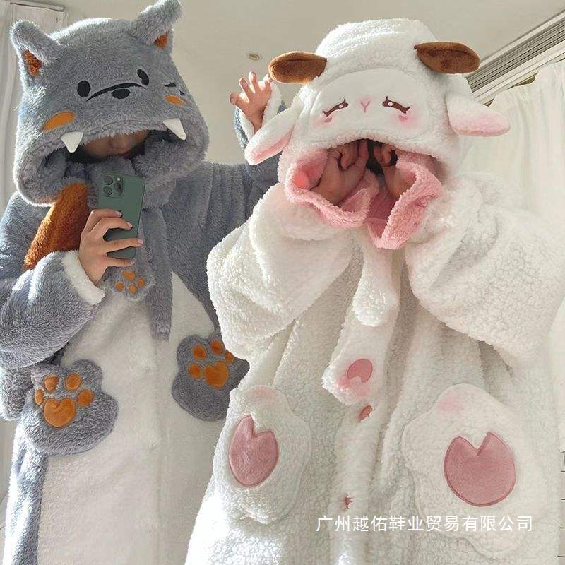 秋四季新款连帽长毛绒情侣睡衣男女四季史迪仔卡通家居服套装