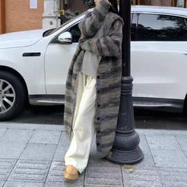 2024秋冬新款拼色条纹毛衣开衫女中长款针织外套慵懒宽松连帽大衣