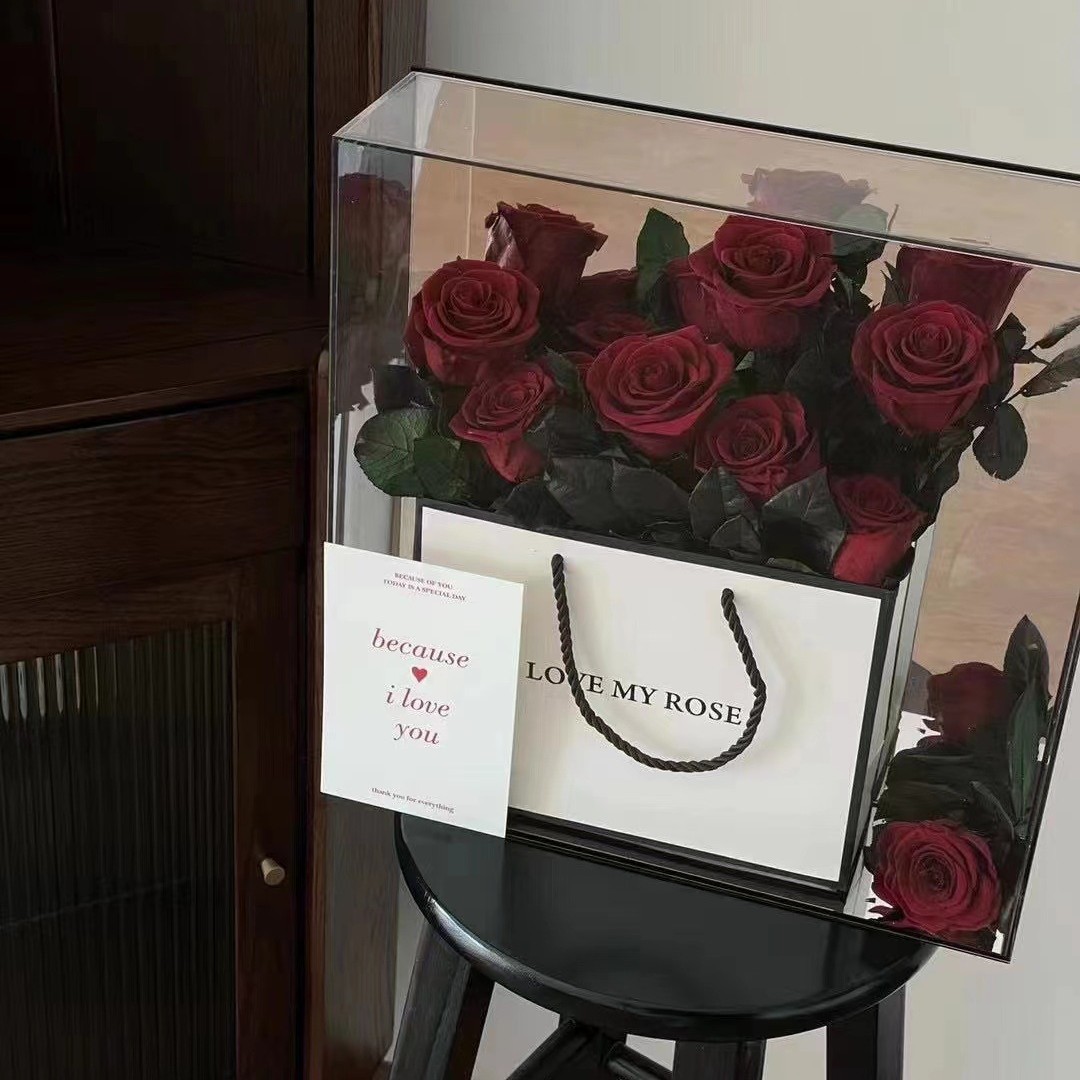Flor de la eternidad Rose acabado caja de flores acrílico Día de San Valentín para novia regalo de cumpleaños de alto nivel perímetro de la eternidad