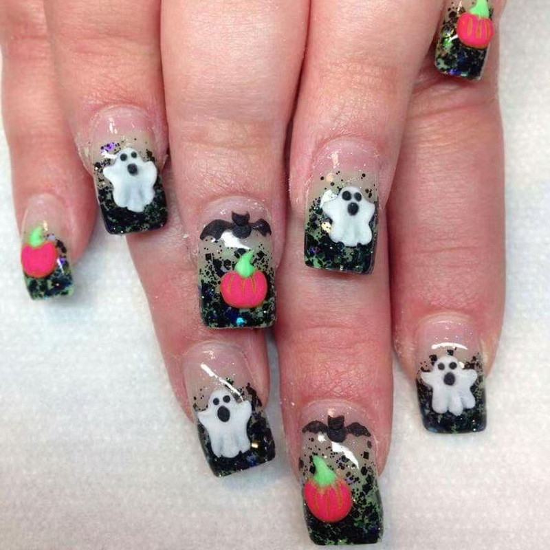 Black and Green Gradient Colorful Glitter Ghost Pumpkin Bat Pattern Design Short Square Halloween Nail Art Tips