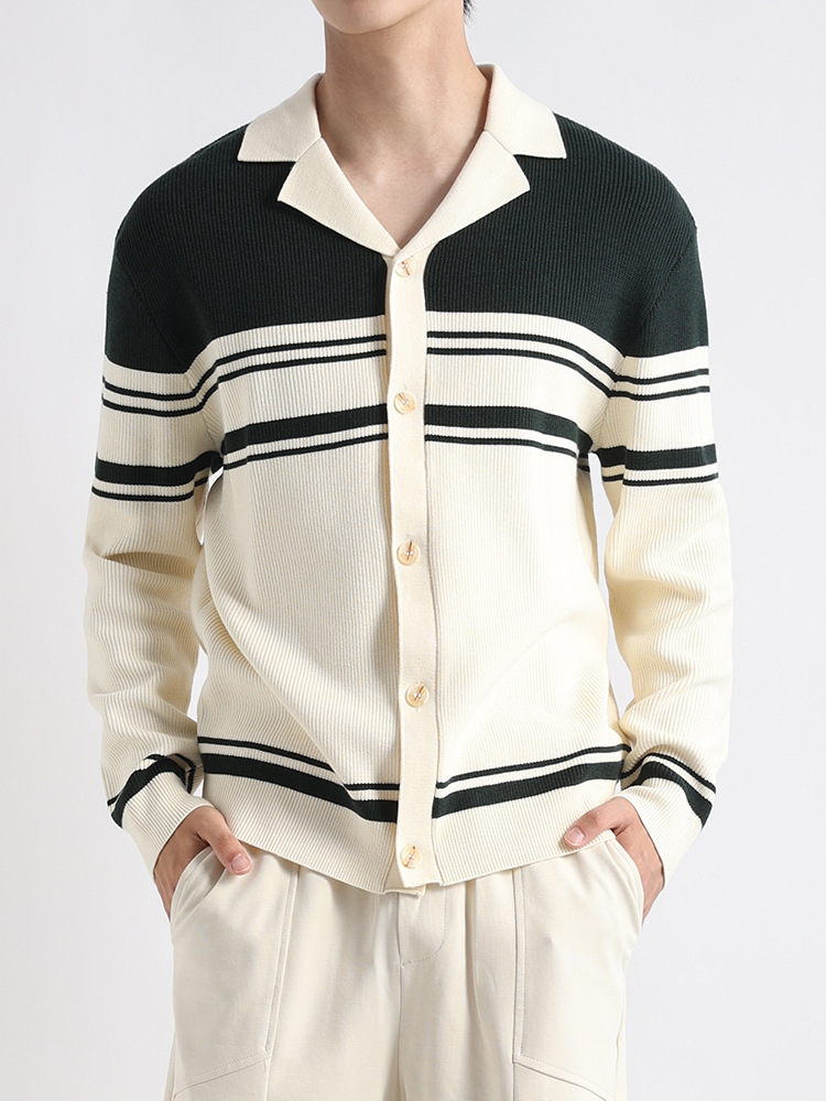 Hombres coreanos cuello cubano color contrastante botón de manga larga suéter de punto para hombre perezoso cardigán rayado chaqueta chaqueta para hombre
