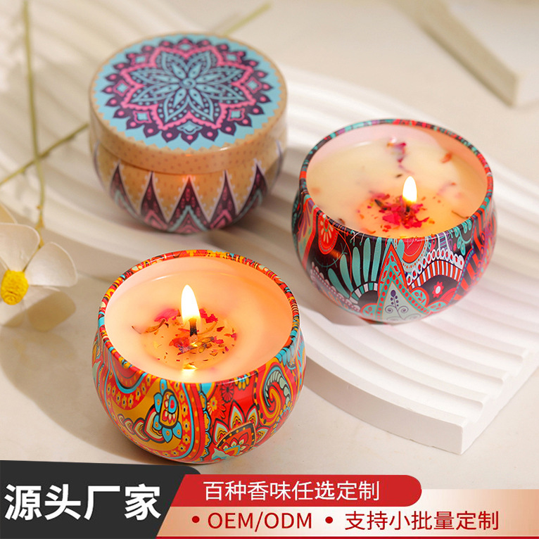 Étnico flor seca aromaterapia vela caja de hierro Regalo de Cumpleaños dormitorio decoración dormir fragancia vela caja de regalo al por mayor