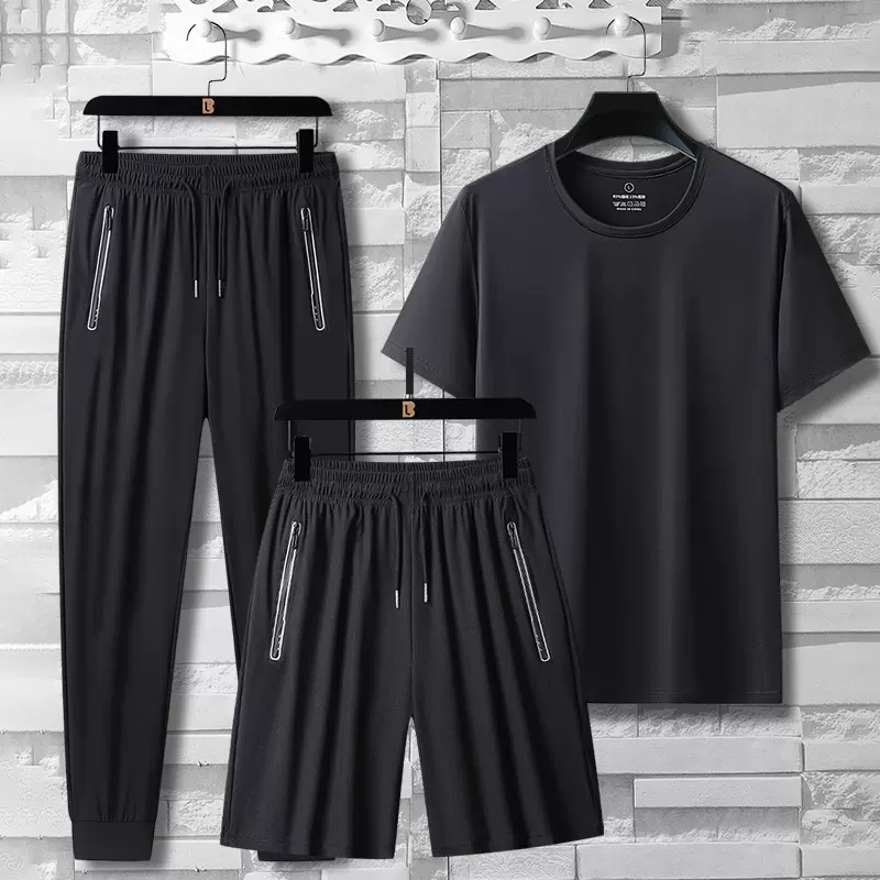 夏季冰丝户外运动休闲宽松 t恤套装男女透气速干宽松舒适三件套装