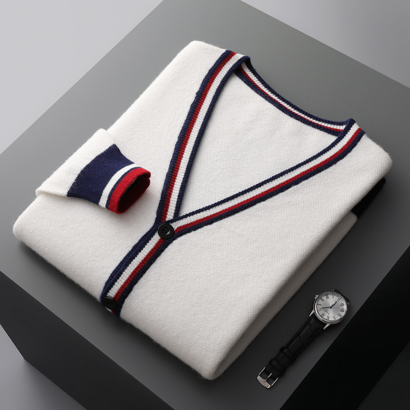 Autumn and Winter New Wool Knitted Cardigan Men's V Neck Contrasting Sweater Jacket Loose Youth Top Large Size Outer Wear