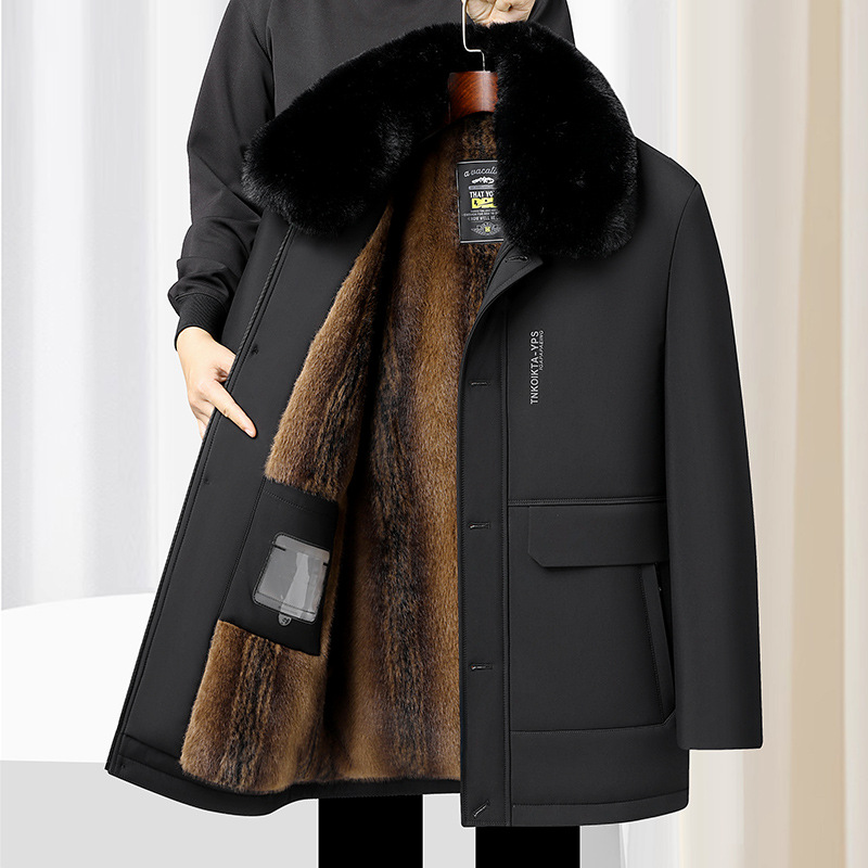 Mid-length, thickened cotton-padded coat for men, with a detachable large fur collar, suitable for middle-aged and elderly men, outdoor warm top.