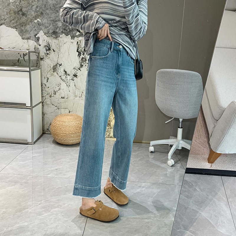 Jeans azules para mujeres de otoño nuevo tamaño grande pantalones elásticos de nueve puntos de moda pantalones rectos sueltos pequeños para cubrir la carne