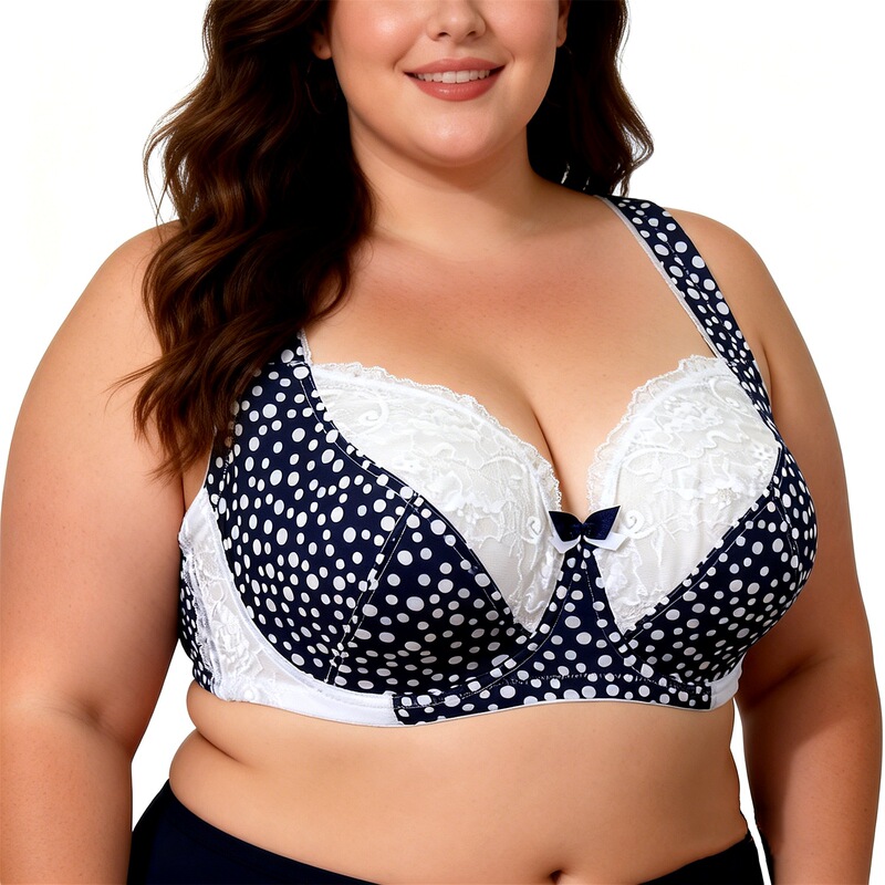French Original Large Size Bra with Polka Dot Print and Lace Trim, In-Stock European and American Style Pure Desire Wrap-Around Ultra-Thin Lingerie French Original Large Size Bra with Polka Dot Print and Lace Trim, In-Stock European and American Style Pure Desire Wrap-Around Ultra-Thin Lingerie