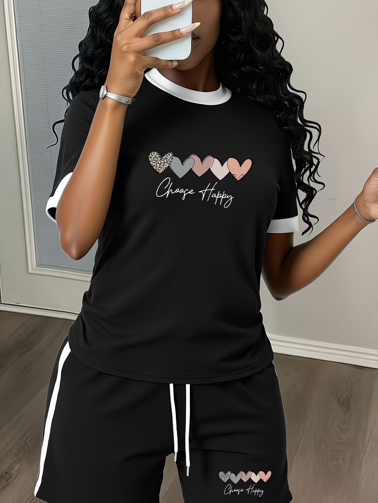 Women's Colour Block Heart Print Shorts Set Summer Short Sleeve_voghion.com