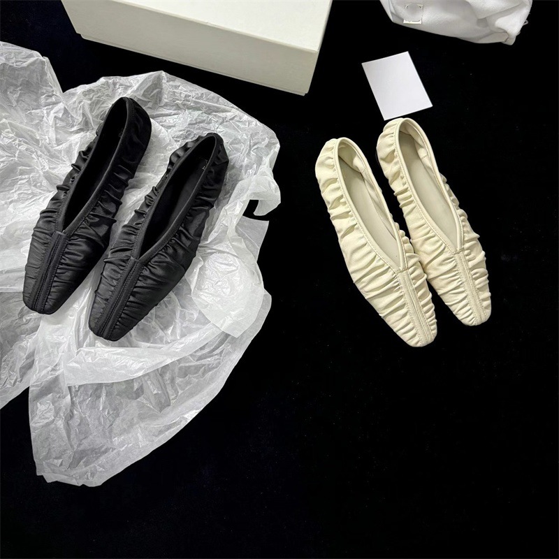 Fashionable Pleated Ballet Shoes, Super Easy to Wear, Soft Shallow Flats Shoes, Goatskin + Silk Pure Handmade Leather Soles