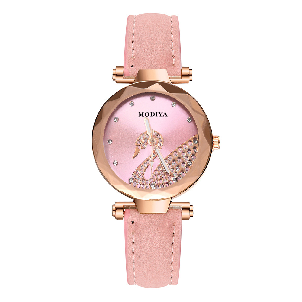 Montre-bracelet pour femmes mode cristal cygne cadran Quartz analogique montre pour femme avec bracelet en daim montre-bracelet_voghion.com