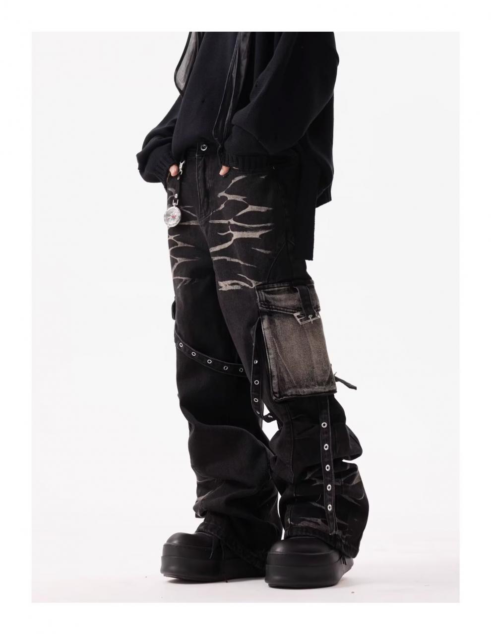 Jean cargo rétro ondulé à poches multiples et lacets pour homme, coupe droite, robuste et ample._voghion.com