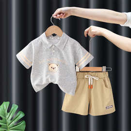 休闲儿童套装Polo领小熊图案男宝宝套装上衣+裤子两件套时尚童装