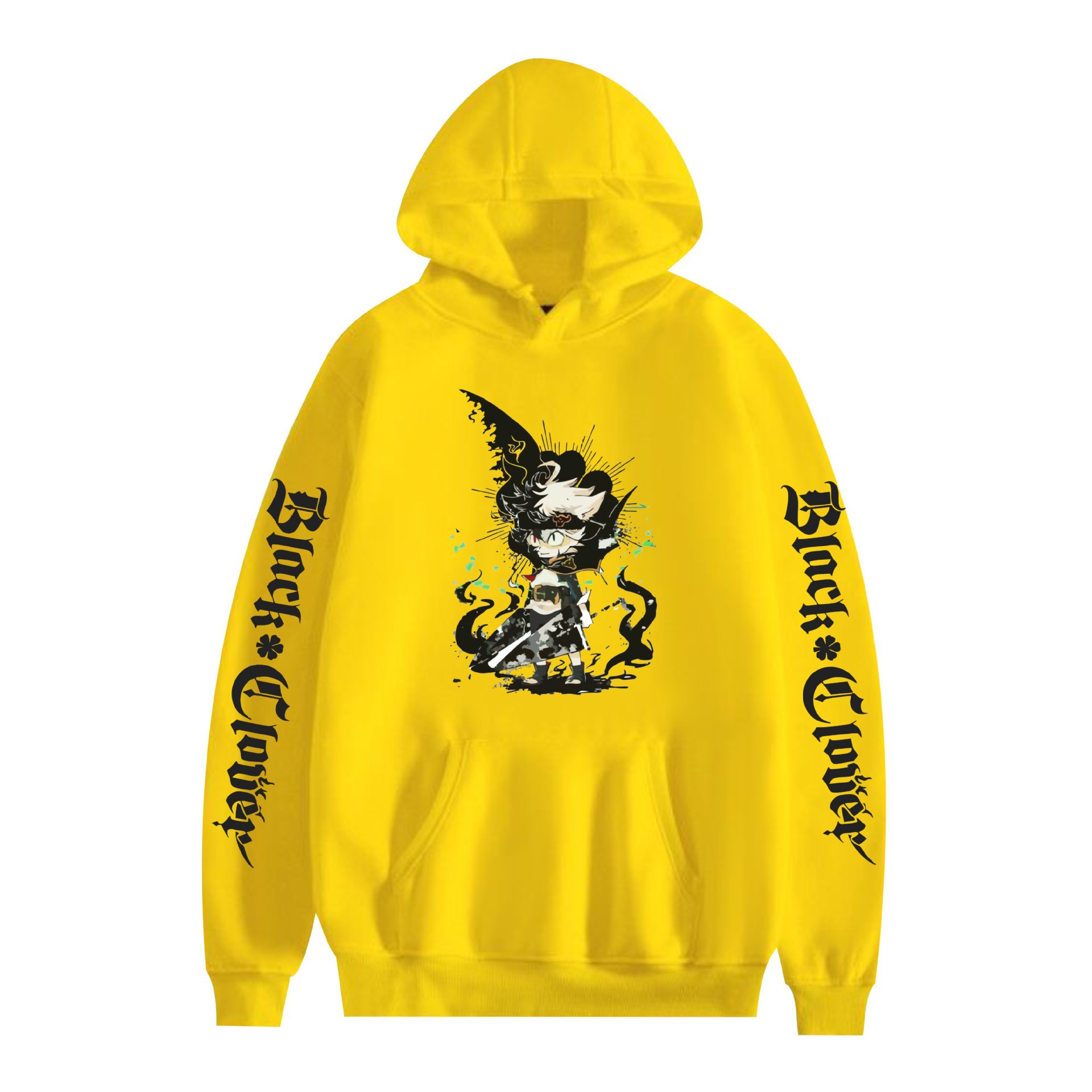 Suéter con capucha periférico de animación de trébol de cuatro hojas negro bidimensional marca de moda sudadera con capucha suelta casual más chaqueta de terciopelo nuevo