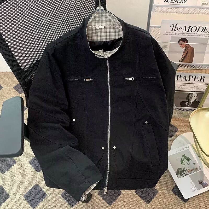 Grid Splicing Jacket, Trendy Loose Baseball Jacket, Lapel Workwear Jacket_voghion.com