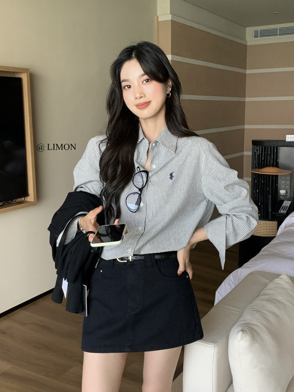2025秋季简单时髦通勤刺绣复古条纹衬衫长袖休闲百搭宽松女|undefined