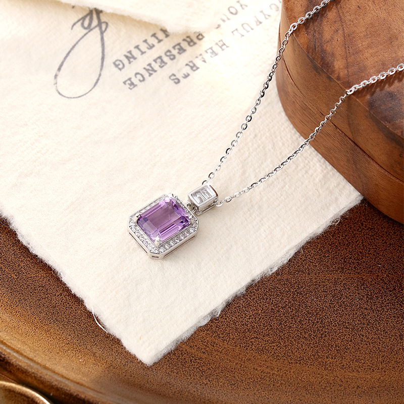 Gem Cross-border Douyin Live S925 Collar de plata esterlina Colgante cuadrado de piedra natural para mujer Cadena de clavícula con sentido de diseño avanzado