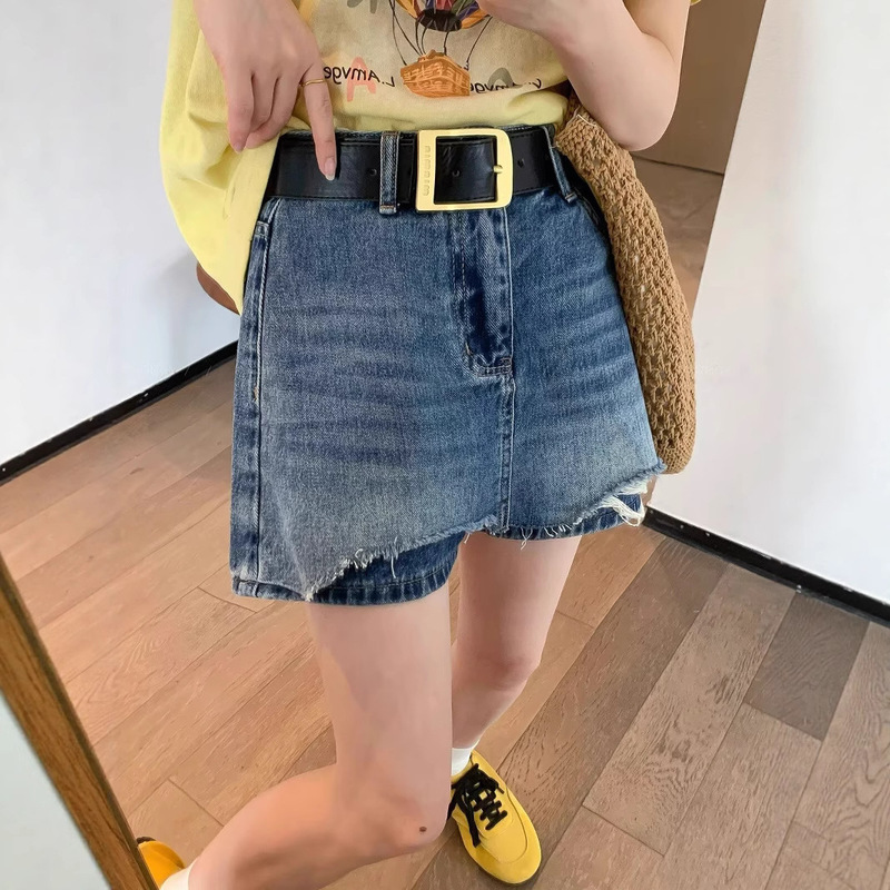 Vintage Distressed Cool Personality Denim Shorts Skirt for Women, Summer Thin High-Waisted Plus Size Petite Frayed Skirt Pants Trendy