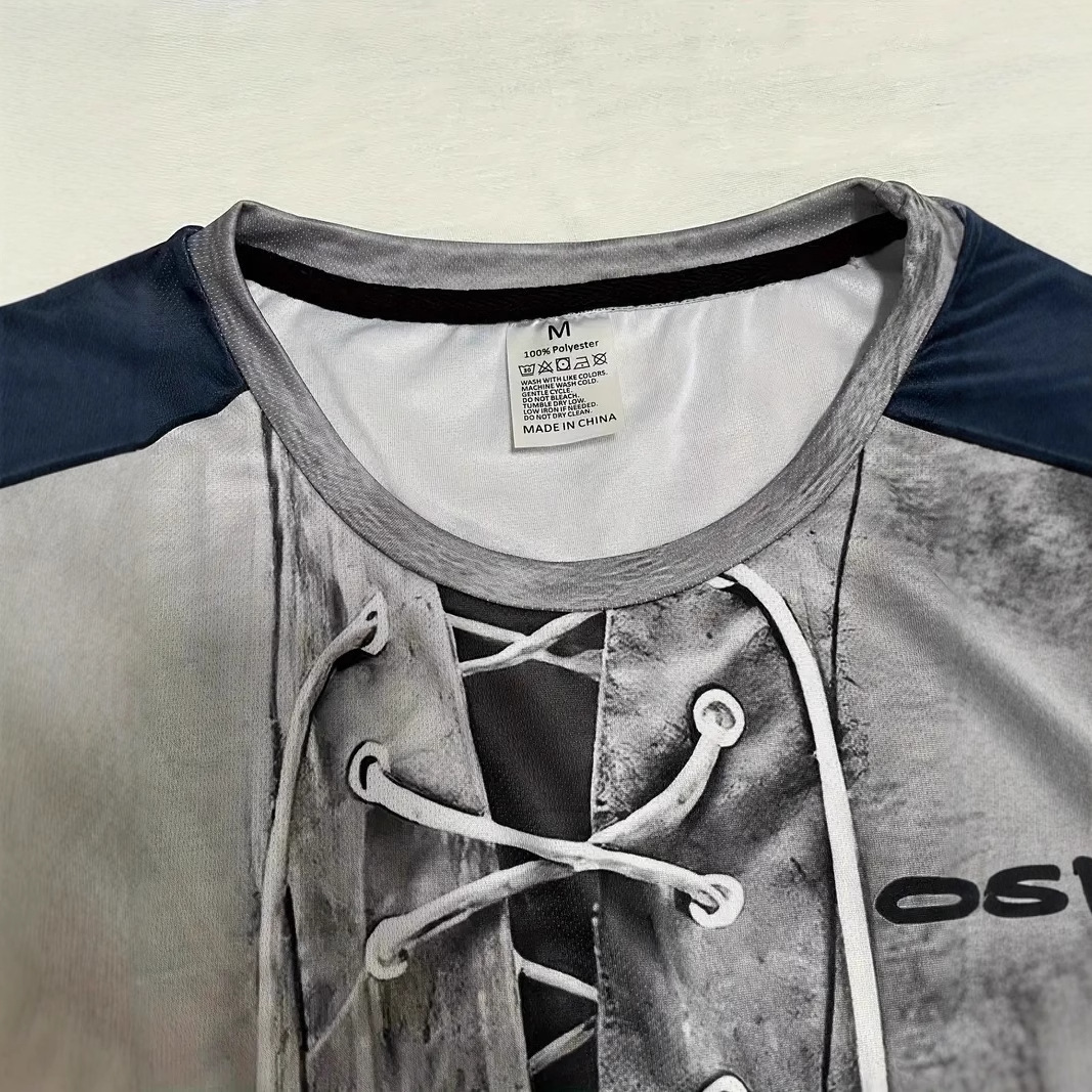 AliExpress europeo y americano venta caliente pseudo cordón decoración impresión 3D hombres verano suelto transpirable manga corta cuello redondo camiseta