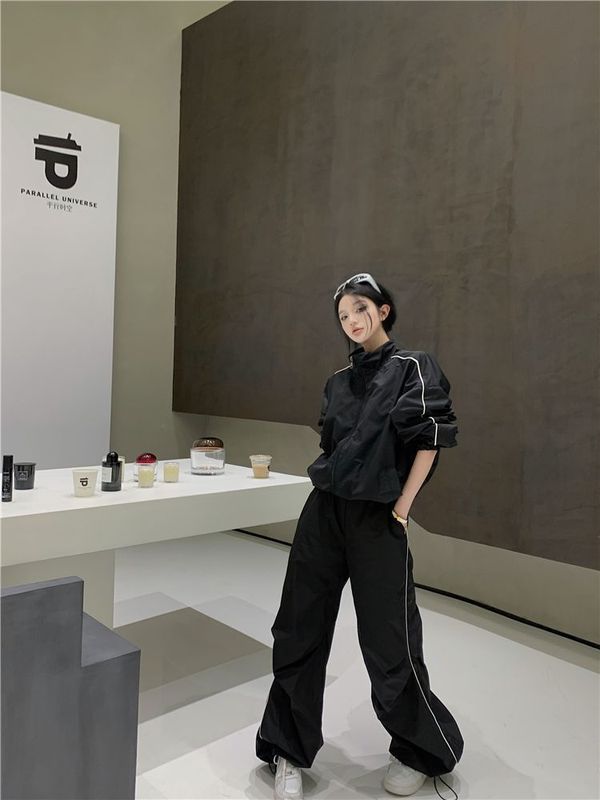 黑色运动服套装女2025新款秋季潮流美式休闲宽松显瘦外套阔脚裤|undefined