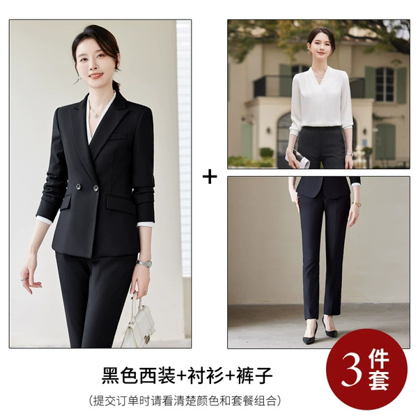 Classic suit jacket, black trousers, shirt