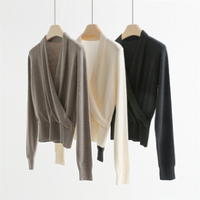 法式复古气质褶皱交叉门禁V领针织衫收腰显瘦羊毛衫长袖打底35320