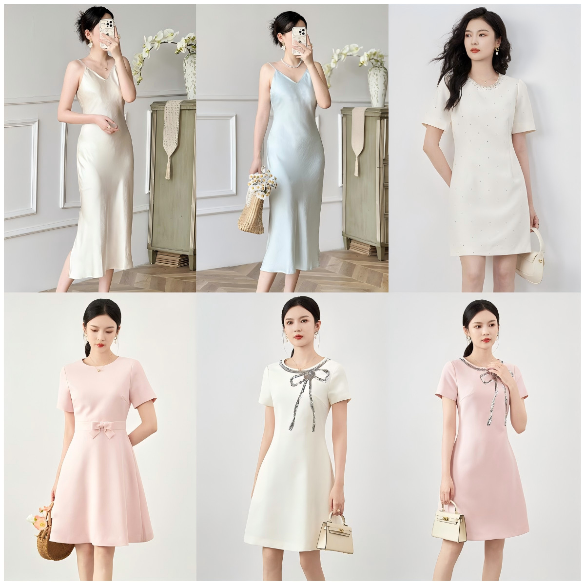 Đầm suông nữ midi mùa hè tay ngắn — 241202 - Rượu sâm banh