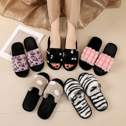 Fairy Wind Leopard Print Plush Slippers for Women, Outdoor Wear,  Autumn New Arrival, Fluffy Slippers for Air-Conditioned Rooms, Lazy One-Sided Cotton Slippers