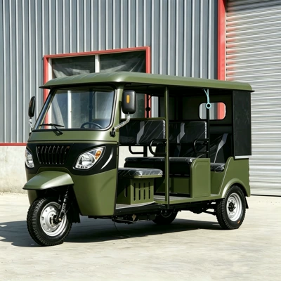 Southeast Asia's best-selling army green fuel-powered tricycle with a thickened frame and multi-seater cabin for urban and rural passenger transport and construction site use