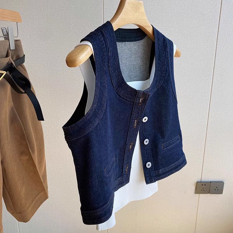 French High-end Salt Style Wear Retro Blue Denim Sleeveless Vest Coat Women's New Summer Short Top