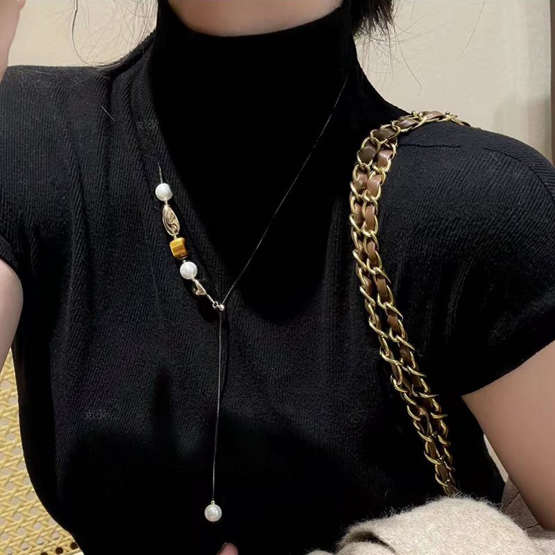 天然虎眼石珍珠串珠抽拉项链女铜镀真金法式长款吊坠流苏颈链项饰|undefined