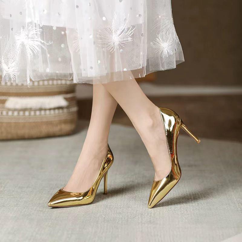 Cross-Border Cheap Direct Sales 2025 New Golden High Heels Pointed Toe Shallow Mouth Stiletto Heels Elegant Single Shoes Versatile