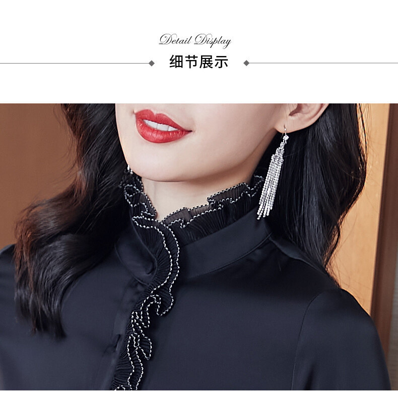 Satin chiffon stand-up collar, black ear-trimmed shirt for women, long-sleeved 2022 new Spring and autumn style, lace pic 24