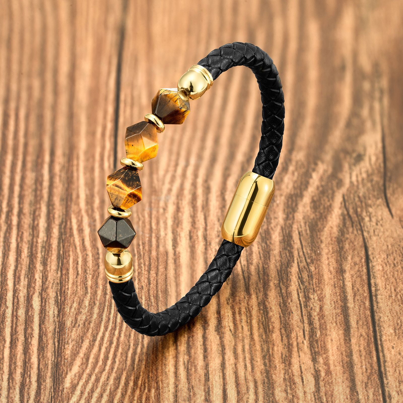 Personalized men's geometric stone bracelet woven leather fashion hot sale leather rope bracelet new stainless steel buckle bracelet