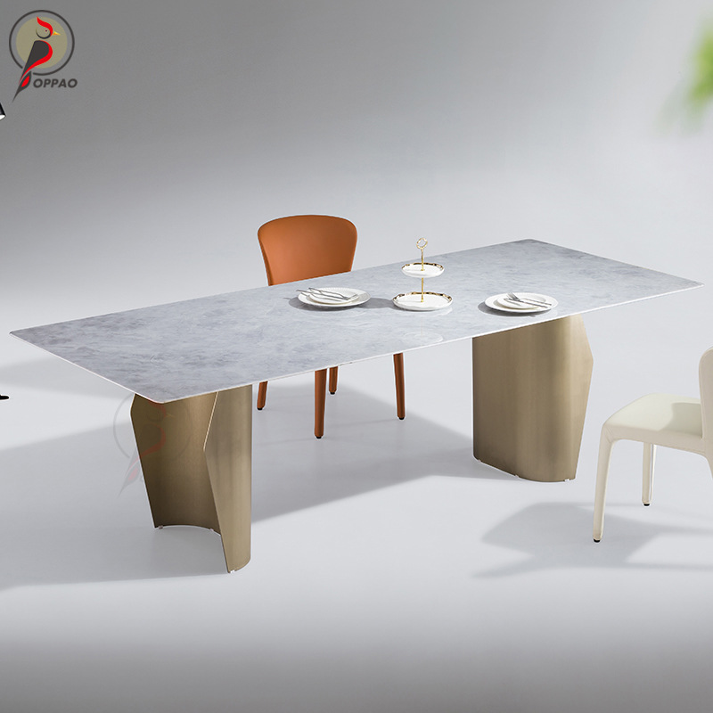 意式轻奢不锈钢岩板餐桌简约高端长方形彩晶石天然石可家用商用