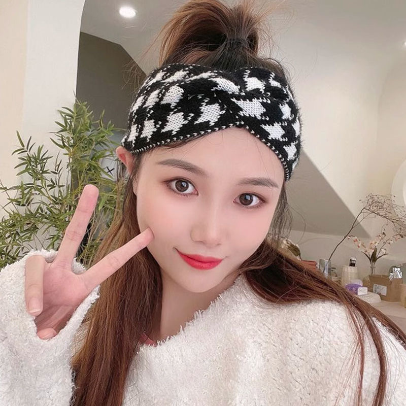 新しい帽子千鳥格子ウールヘアバンド女性のつば広産後ターバンクロスオーバー秋と冬のヘッドバンドクロスボーダー|undefined
