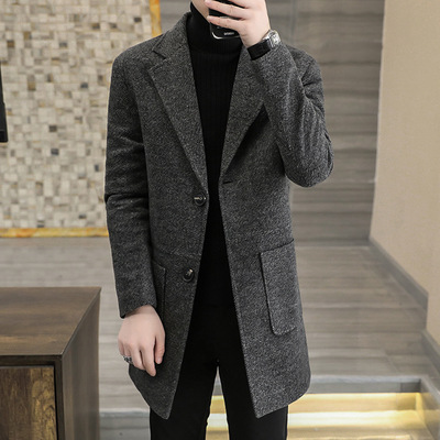 秋冬新款男款呢子大衣青年韩版休闲长外套毛呢大衣男现货批发|ru