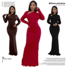 M3088 欧美跨境女装纯色长袖修身连衣裙长款气质斜肩包臀鱼尾裙女