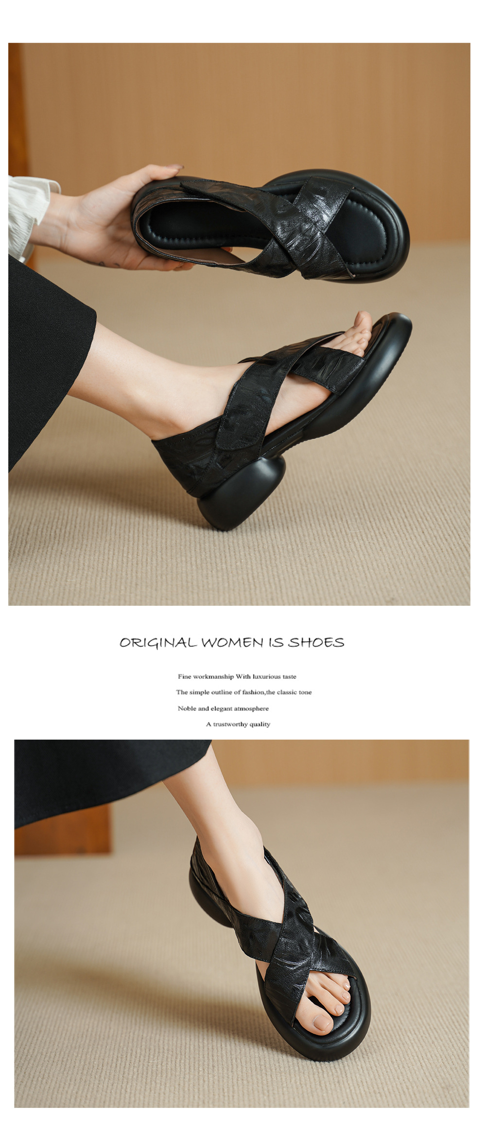 Sandal nữ hở mũi đế dày 4 cm da cừu quai chéo bọc gót — màu nâu chi tiết 12