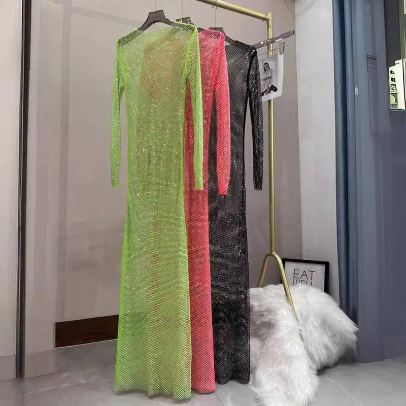 Sexy Mesh Perspective Rhinestone dress Club Party Dress Rhinestone Split Women's Crewneck Long Dress